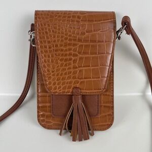 K. Carroll Cognac Brown Croc Embossed Crossbody Phone Bag RFID Tassel Card Slots